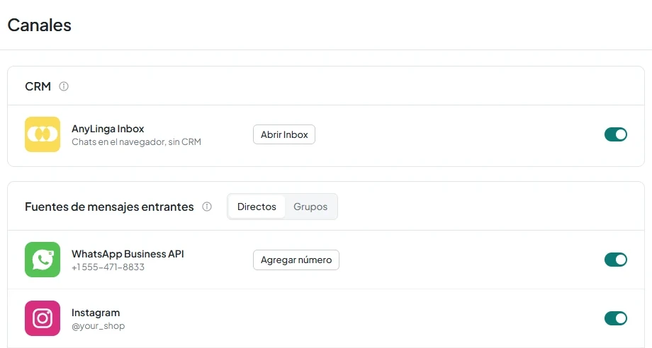 Sección «Canales» de la cuenta de AnyLinga con la tarjeta «AnyLinga Inbox» y el texto «Chats en el navegador, sin CRM».