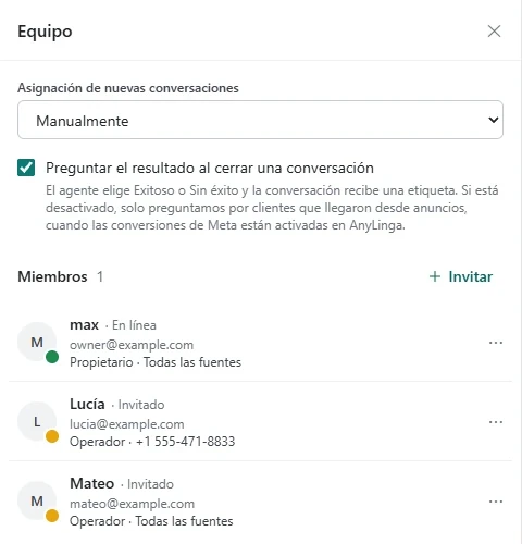 Sección «Equipo» en Inbox con los roles de los empleados, el acceso a fuentes y la configuración «Asignación de nuevas conversaciones».