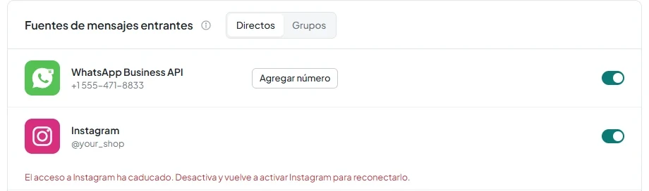 Fila de Instagram con la advertencia «El acceso a Instagram ha caducado. Desactiva y vuelve a activar Instagram para reconectarlo.».