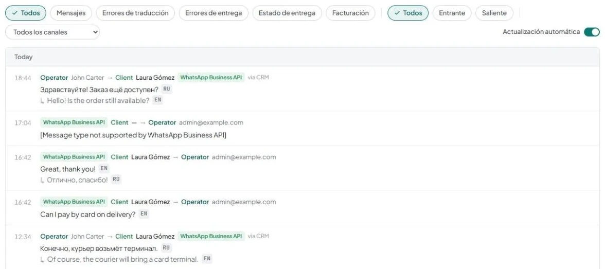 Monitoreo → Registro de actividad: filtros de tipo y dirección, lista «Todos los canales», «Actualización automática» y mensajes por día.