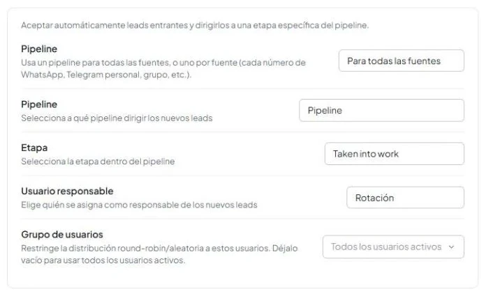 Modo «Para todas las fuentes» con los campos «Pipeline», «Status» y «Usuario responsable», con «Rotación» seleccionado y «Grupo de usuarios» visible.
