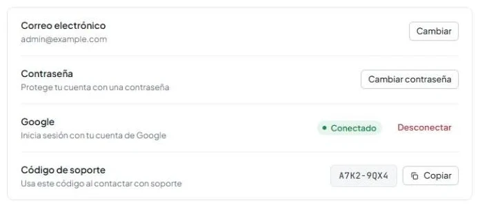 Pestaña «Cuenta» en la configuración con las filas «Correo electrónico», «Contraseña», «Google» y «Código de soporte» con el botón «Copiar».