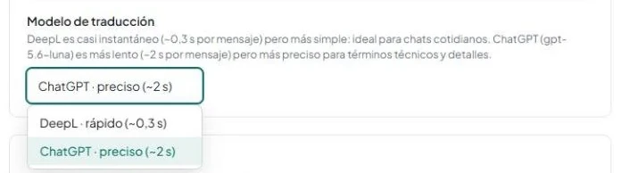 La fila «Modelo de traducción» con la lista abierta y las opciones «DeepL · rápido (~0,3 s)» y «ChatGPT · preciso (~2 s)».