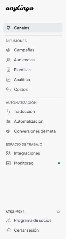 Menú lateral completo del panel con la opción «Canales» y las secciones «Difusiones», «Automatización» y «Espacio de trabajo». El texto alternativo de la imagen se ajustó a la captura real: «Soporte» y «Configuración».