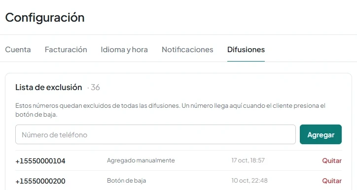 Tarjeta «Lista de exclusión» en la pestaña «Difusiones» de la configuración, con el campo del número y los orígenes de los registros.