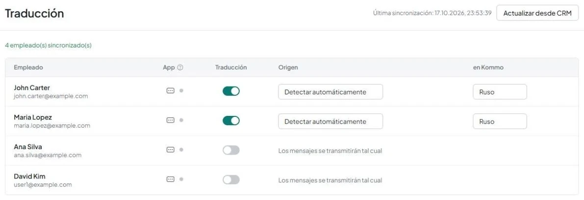 Después de hacer clic en «Actualizar desde CRM», aparece una línea verde con «N empleado(s) sincronizado(s)».