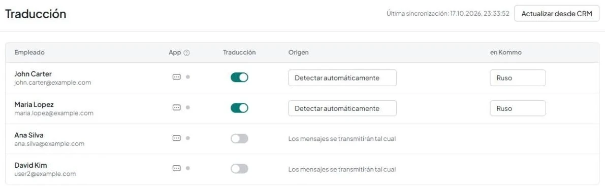 Página «Traducción» con la tabla de empleados, las columnas «Empleado», «App», «Traducción», «Origen», «en Kommo», la fecha de sincronización y el botón «Actualizar desde CRM».
