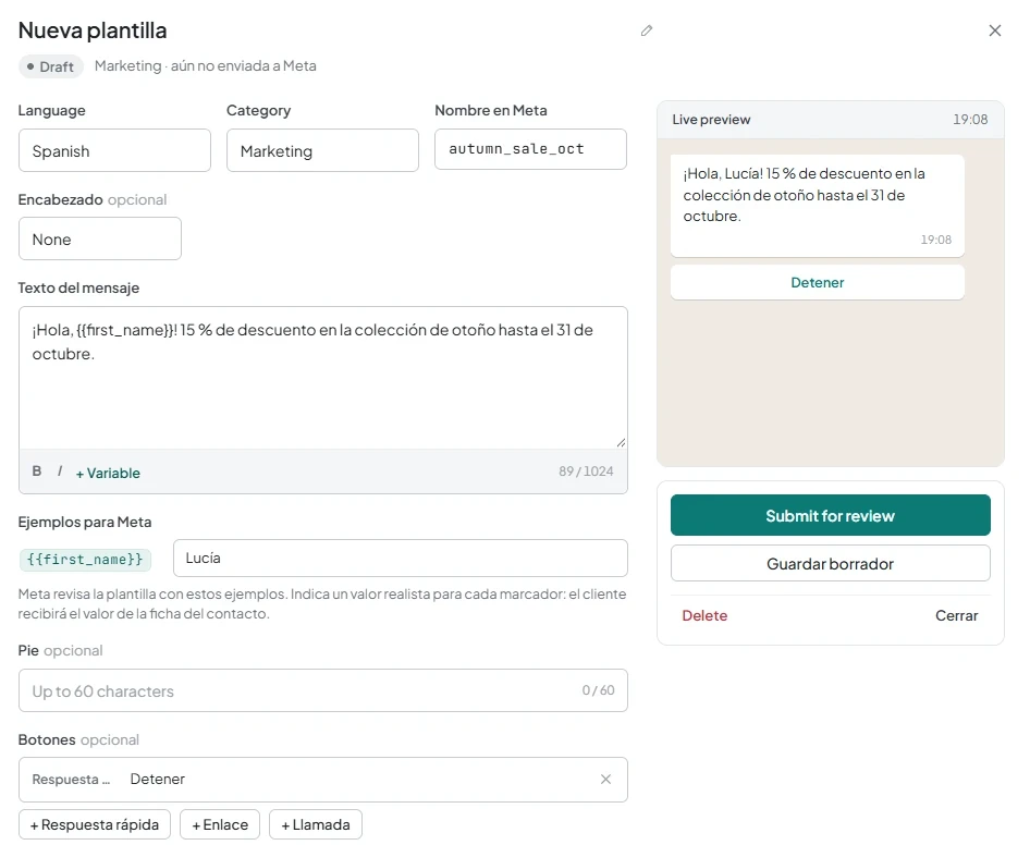 Editor de plantillas con la variable {{first_name}}, un ejemplo para Meta y un botón de respuesta rápida «Detener».