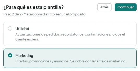 Selección del tipo «Plantilla de WhatsApp Business» y de la finalidad «Marketing» o «Utilidad».