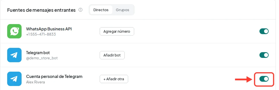 Sección «Fuentes de mensajes entrantes» en AnyLinga: «Cuenta personal de Telegram» está conectada y el interruptor está activado y resaltado.