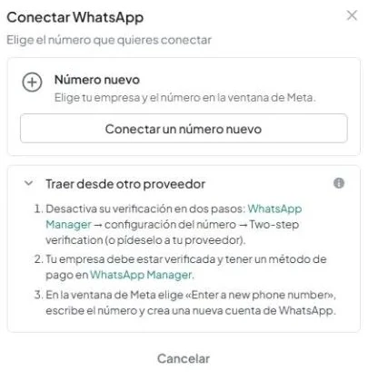 Ventana «Conectar WhatsApp» con el bloque «Número nuevo», el botón «Conectar un número nuevo» y el bloque «Traer desde otro proveedor» desplegado.