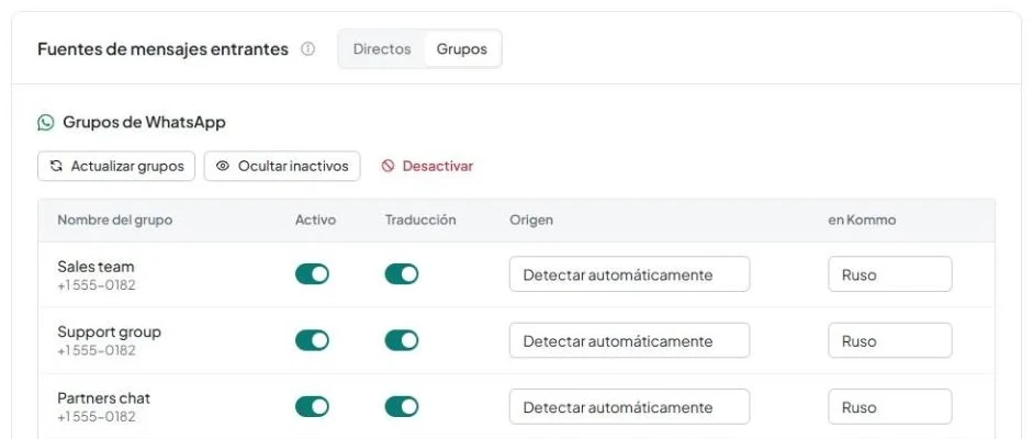 Pestaña «Grupos» con el bloque «Grupos de WhatsApp» y una tabla de grupos con interruptores.