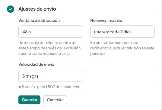 El asistente de difusión, en el paso «Ajustes de envío», muestra el campo «Velocidad de envío» y el tiempo estimado «≈ {t} para {n} destinatarios.».