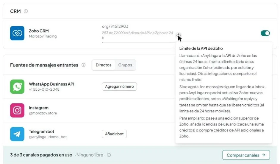 Fila de Zoho CRM en la página «Canales», con el indicador de consumo y la ayuda «Límite de la API de Zoho» abierta.