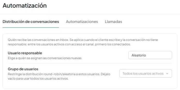 Pestaña «Distribución de conversaciones» en la sección «Automatización» del panel de AnyLinga, con los campos «Usuario responsable» y «Grupo de usuarios».