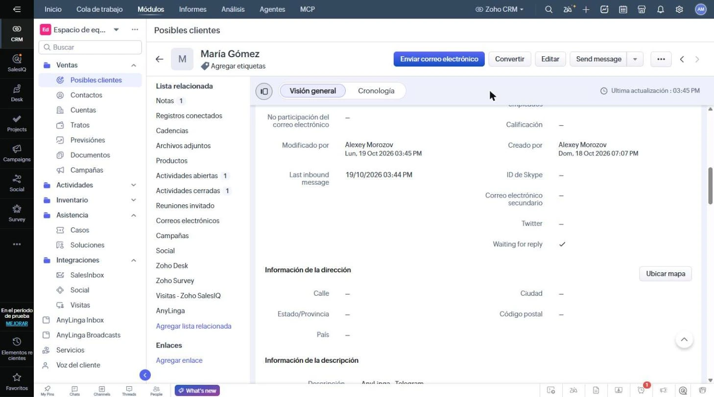 Ficha de un posible cliente con los campos Last inbound message y Waiting for reply al final de la sección de detalles.