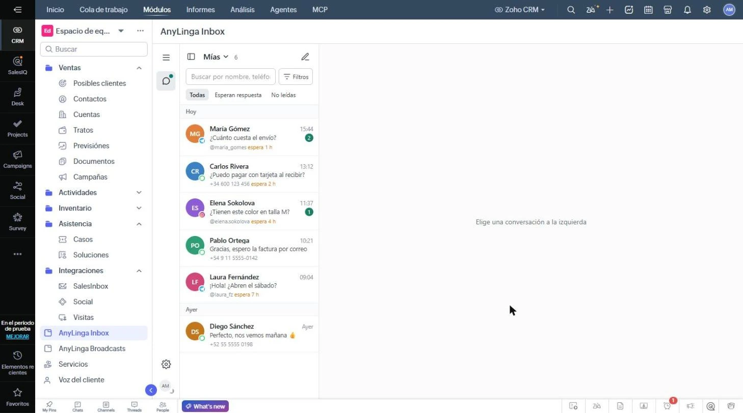 Pestaña AnyLinga Inbox en Zoho con la lista de conversaciones.