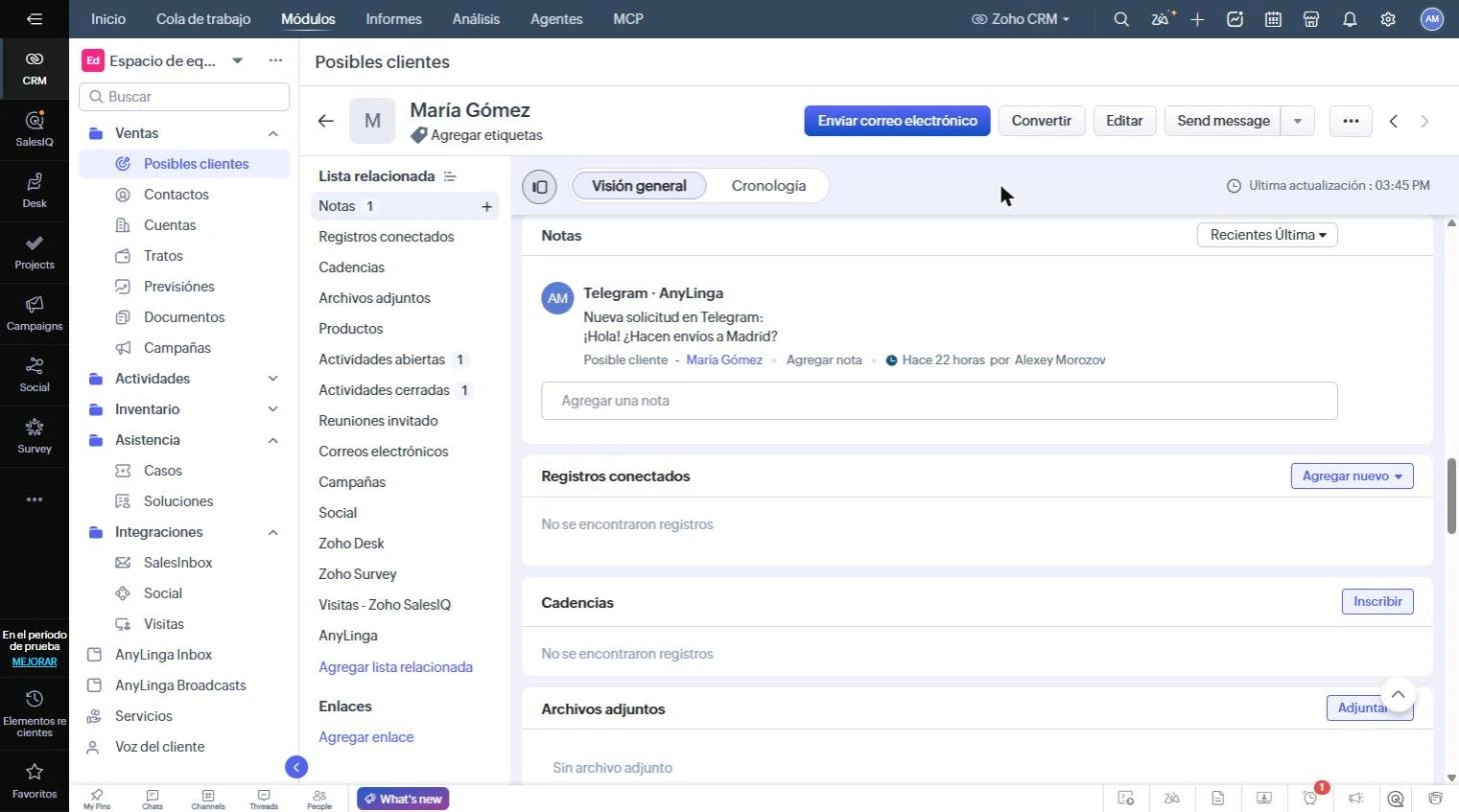 Ficha de un posible cliente con la lista relacionada «Notas», la etiqueta «Telegram · AnyLinga» y la nota «Nueva consulta en Telegram: …».