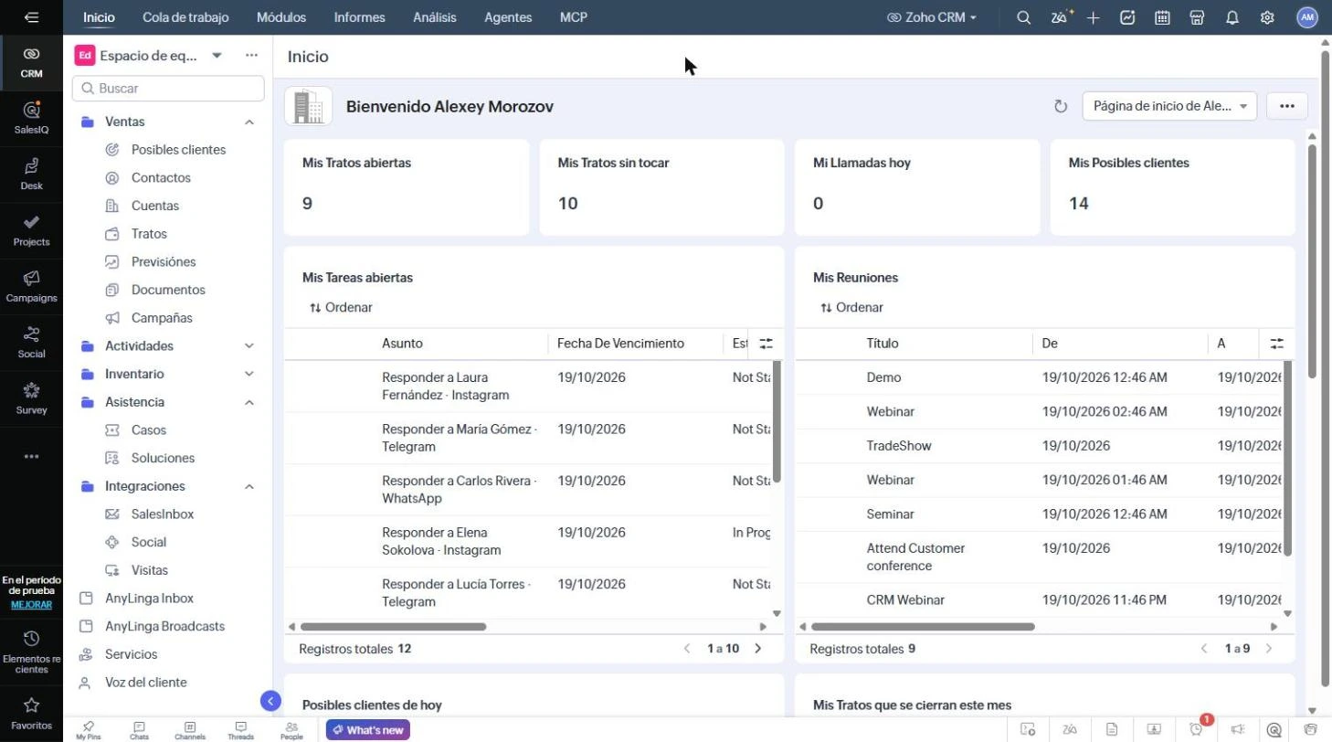 Página de inicio de Zoho CRM: en el menú izquierdo se ven las pestañas AnyLinga Inbox y AnyLinga Broadcasts.