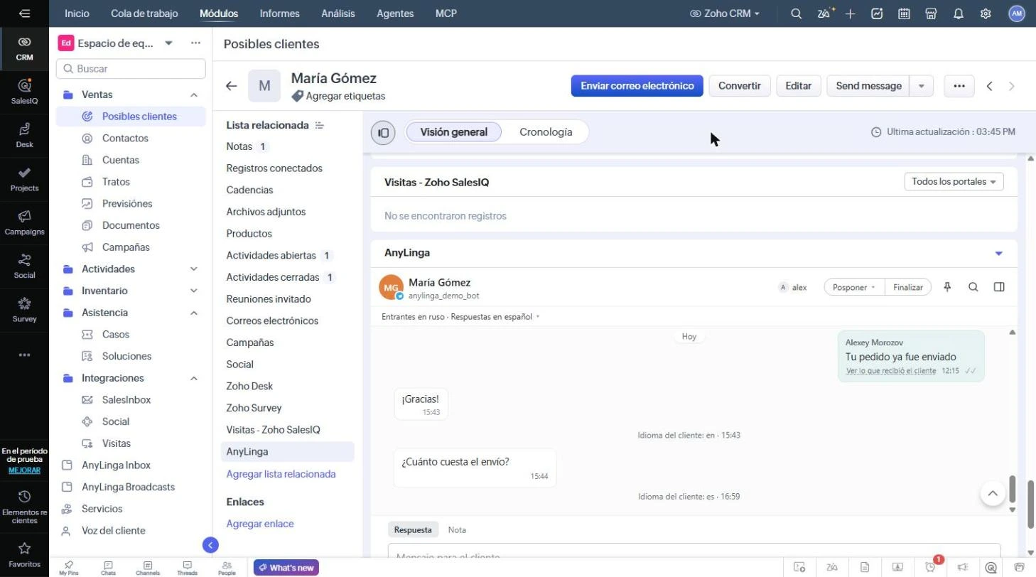 Ficha de un posible cliente en Zoho con el bloque AnyLinga y la conversación con el cliente.