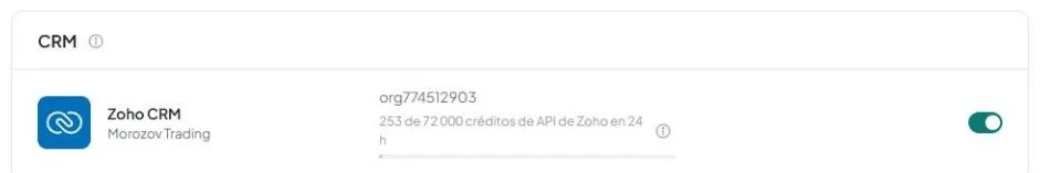 Fila Zoho CRM conectada: identificador y nombre de la organización, línea del límite de la API e interruptor activado.