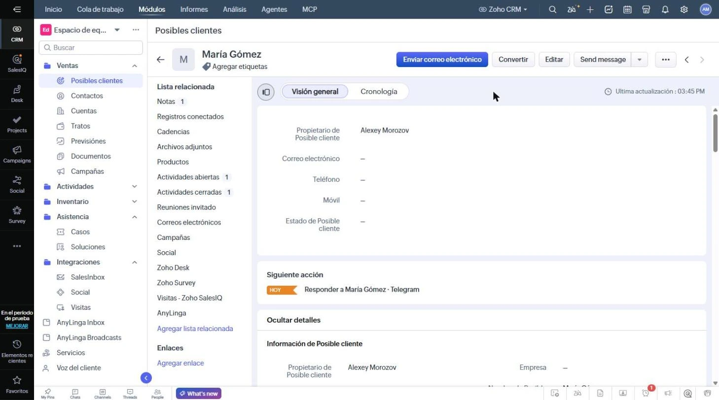 Ficha de un posible cliente en Zoho CRM con el botón Send message en el encabezado.