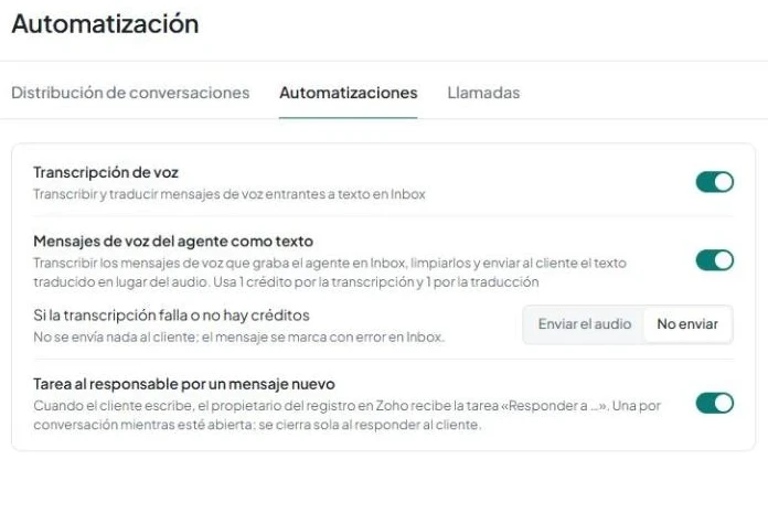 Pestaña «Automatizaciones» con los ajustes de transcripción de voz, envío de mensajes de voz del agente como texto y tarea al responsable.