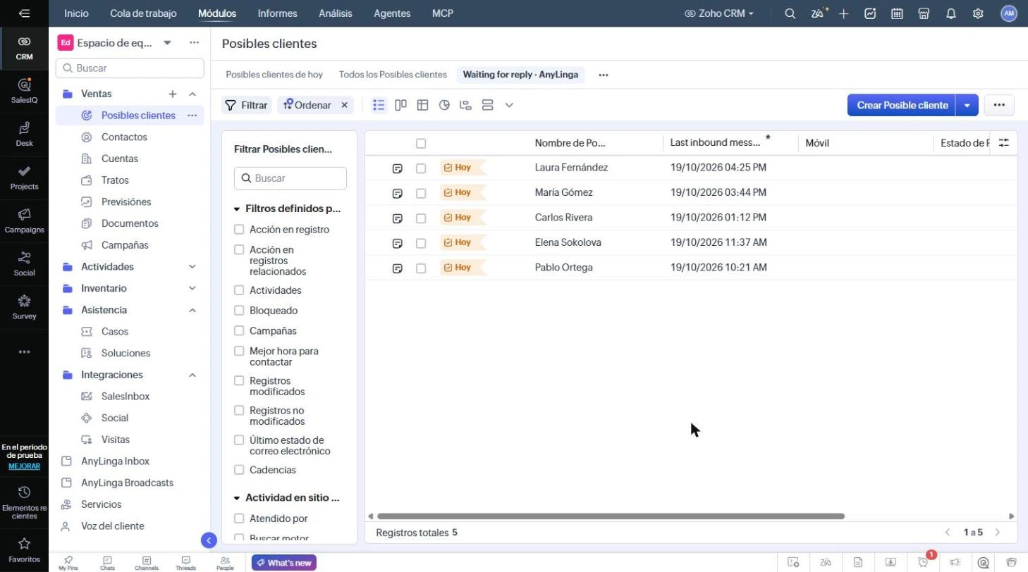 Lista de «Posibles clientes» con la vista «Waiting for reply · AnyLinga» seleccionada y la columna Last inbound message.