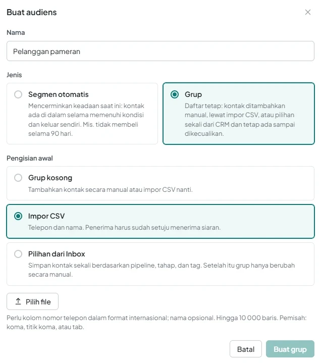 Jendela pembuatan audiens dengan nama, jenis Group, dan opsi Impor CSV di bagian Pengisian awal.