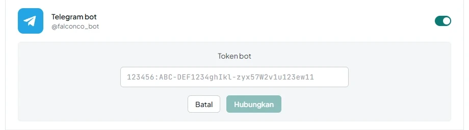 Bidang «Token bot» serta tombol untuk menghubungkan dan membatalkan.