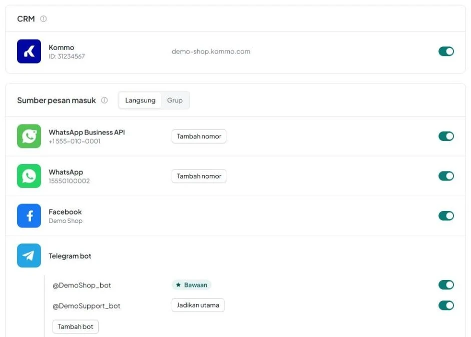Halaman “Saluran” pada akun baru untuk Kommo, dengan blok “CRM” dan “Sumber pesan masuk” serta tab “Langsung” dan “Grup”.