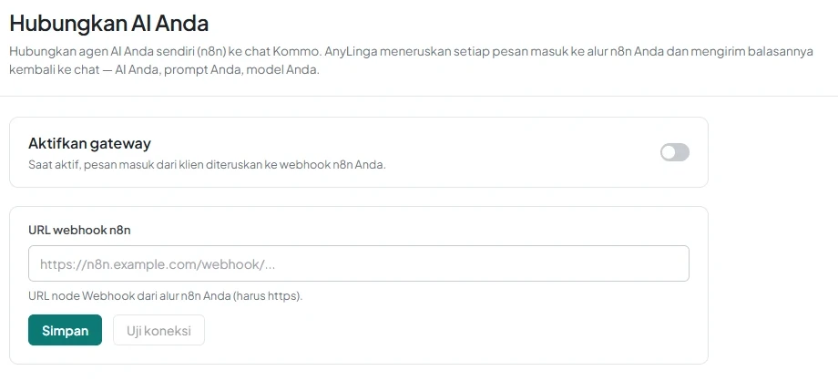 Halaman «Hubungkan AI Anda» dengan tombol pengalih «Aktifkan gateway» dan kolom «URL webhook n8n».