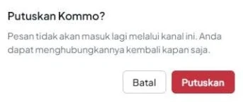Jendela «Putuskan Kommo?» menampilkan peringatan serta tombol «Putuskan» dan «Cancel».