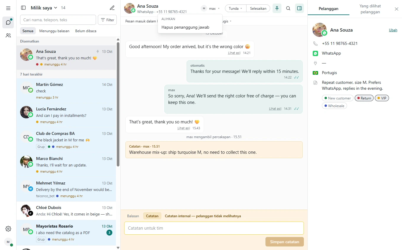 Percakapan yang terbuka di Inbox dengan kolom «Pengguna penanggung jawab», mode «Catatan», dan tindakan untuk mengubah status.