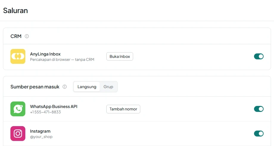 Bagian «Saluran» di akun AnyLinga dengan kartu «AnyLinga Inbox» dan keterangan «Percakapan di browser — tanpa CRM».
