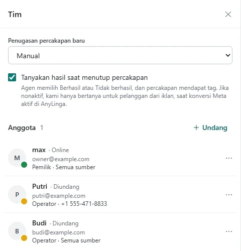 Bagian «Tim» di Inbox dengan peran staf, akses sumber, dan pengaturan «Penugasan percakapan baru».