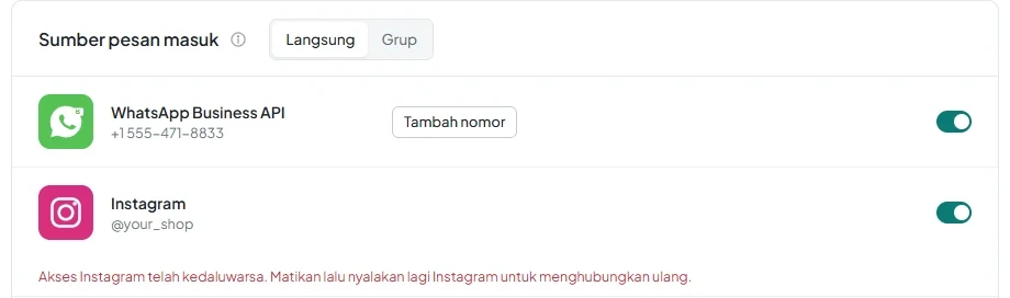 Baris Instagram dengan peringatan «Akses Instagram telah kedaluwarsa. Matikan lalu nyalakan lagi Instagram untuk menghubungkan ulang.».