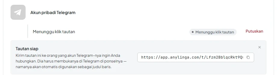 Jendela «Tautan siap» dengan tombol «Buka tautan» dan «Salin» serta status koneksi akun pribadi.