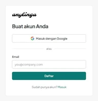 Halaman «Buat akun Anda» dengan tombol «Masuk dengan Google», pemisah «atau», kolom «Email», dan tombol «Daftar».