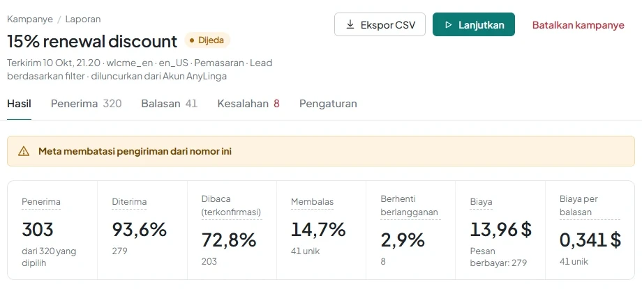 Laporan broadcast yang ditangguhkan menampilkan alasan «Meta membatasi pengiriman dari nomor ini».