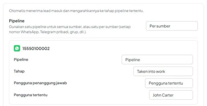 Mode «Per sumber»: kartu sumber dengan pipeline, tahap, dan penanggung jawabnya sendiri.