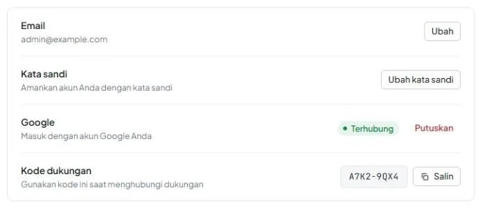 Tab «Akun» di pengaturan dengan baris «Email», «Kata sandi», «Google», dan «Kode dukungan» beserta tombol «Salin».