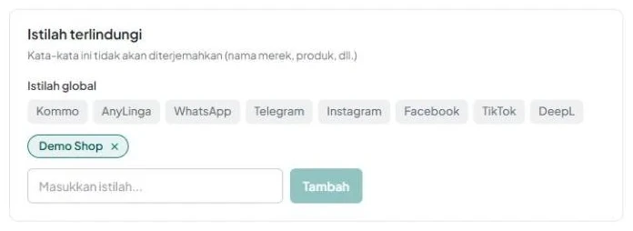 Kartu «Istilah terlindungi»: istilah global berwarna abu-abu, istilah milik Anda dengan «×», kolom «Masukkan istilah...», dan tombol «Tambah».