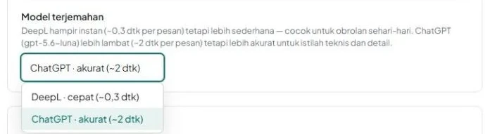 Baris «Model terjemahan» dengan daftar pilihan terbuka yang menampilkan «DeepL · cepat (~0,3 dtk)» dan «ChatGPT · akurat (~2 dtk)».