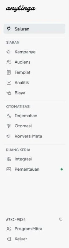 Menu samping lengkap panel akun dengan menu “Saluran” serta bagian “Siaran”, “Otomatisasi”, dan “Ruang kerja”. Keterangan (alt) gambar disesuaikan dengan tangkapan layar sebenarnya: “Dukungan” dan “Pengaturan”.