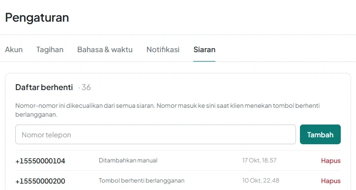Kartu «Daftar berhenti» pada tab «Siaran» di pengaturan, dengan kolom nomor dan sumber entri.