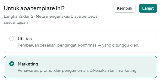 Pemilihan jenis «Template WhatsApp Business» dan tujuan «Marketing» atau «Utilitas».