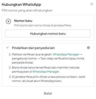 Jendela «Hubungkan WhatsApp» dengan bagian «Nomor baru», tombol «Hubungkan nomor baru», dan bagian «Pindahkan dari penyedia lain» yang terbuka.
