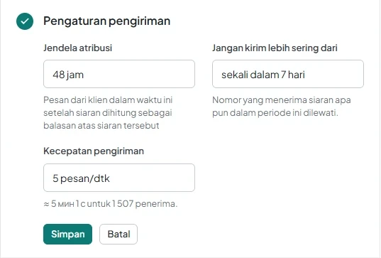 Panduan pembuatan broadcast pada langkah «Pengaturan pengiriman» menampilkan kolom «Kecepatan pengiriman» dan perkiraan waktu «≈ {t} untuk {n} penerima.».