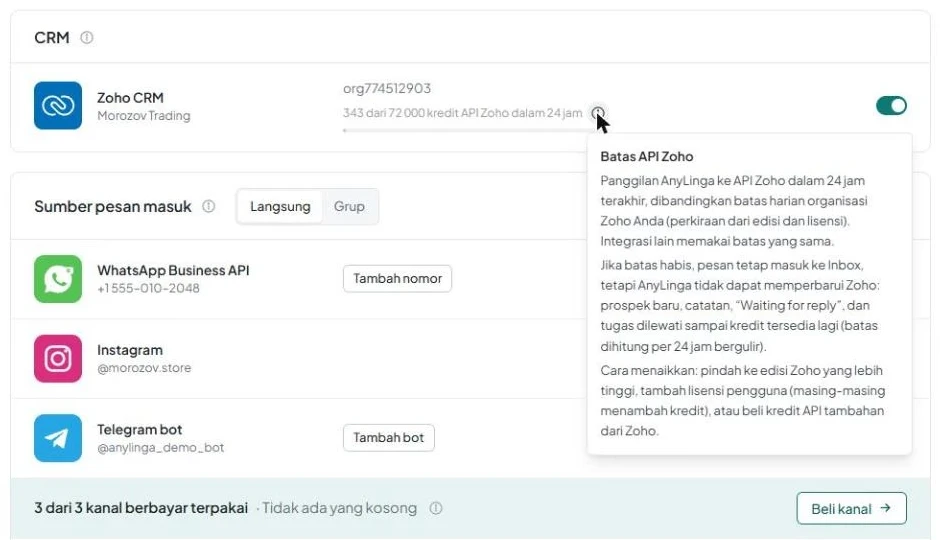 Baris Zoho CRM di halaman «Saluran» dengan indikator penggunaan dan keterangan «Batas API Zoho» yang terbuka.